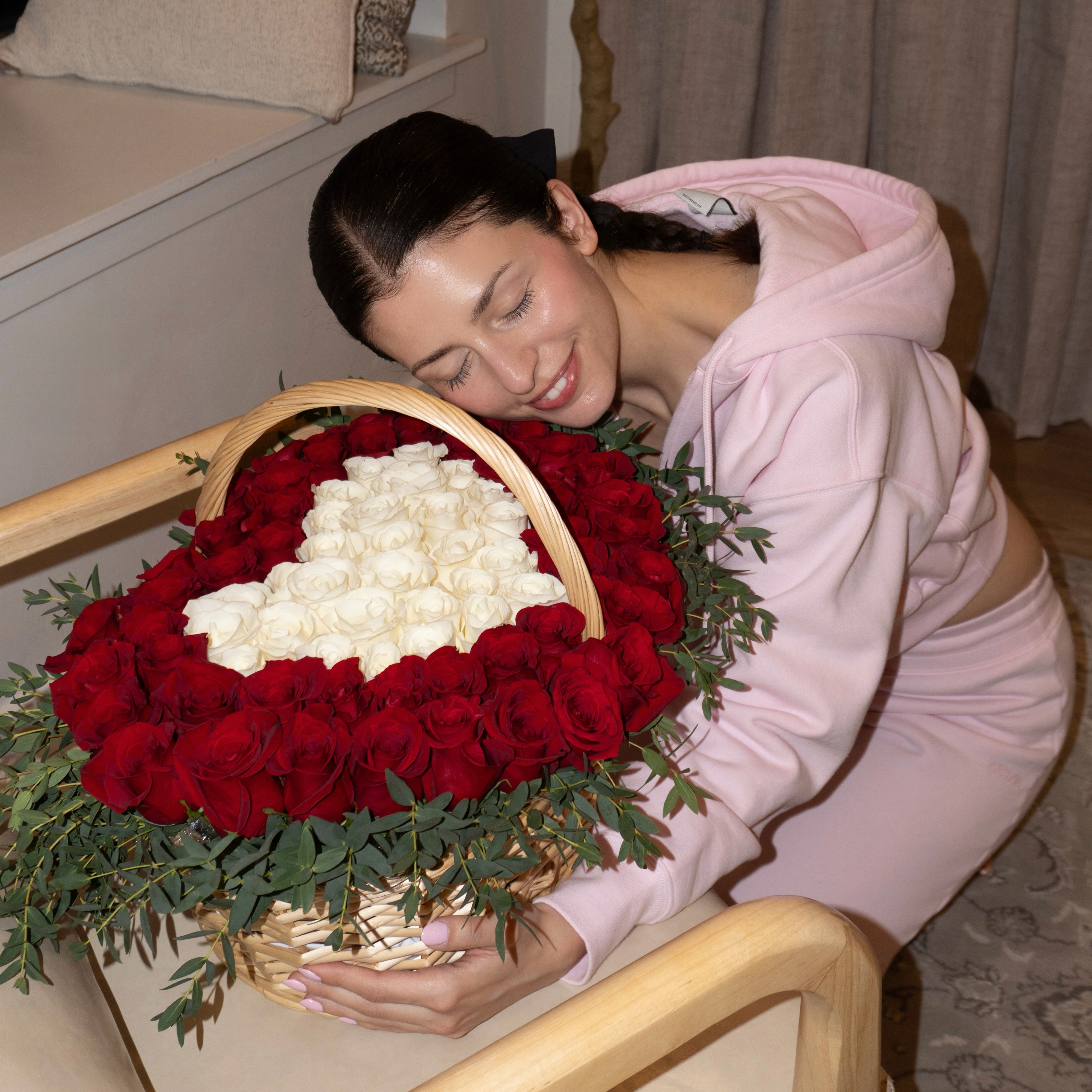 Basket with Red and White Roses