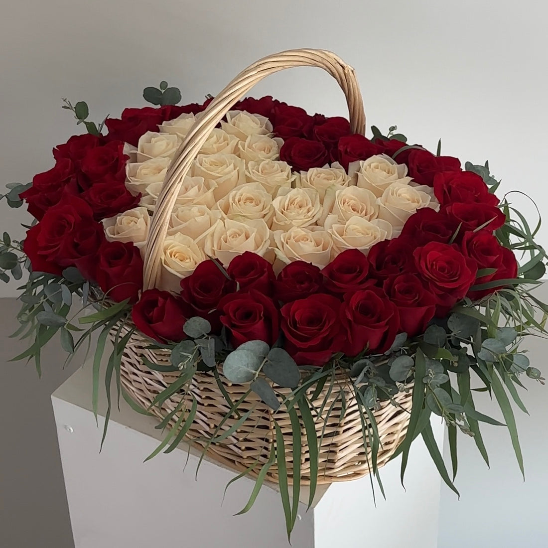 Basket with Red and White Roses