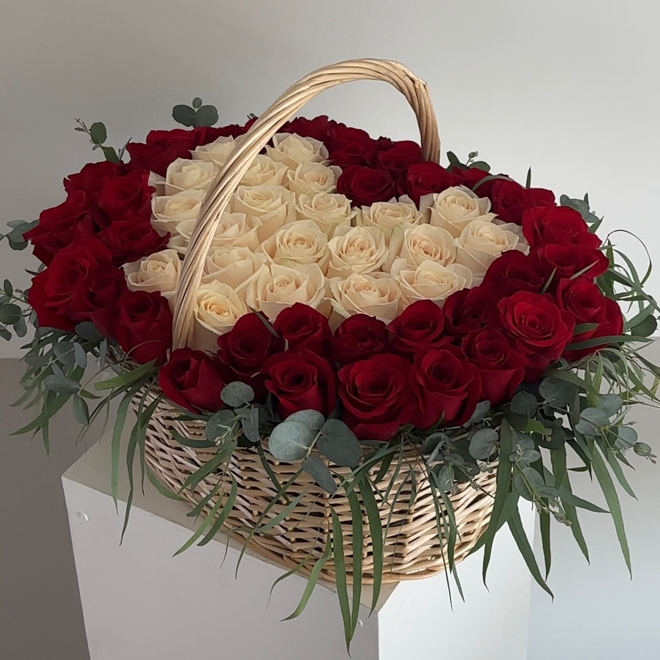 Basket with Red and White Roses